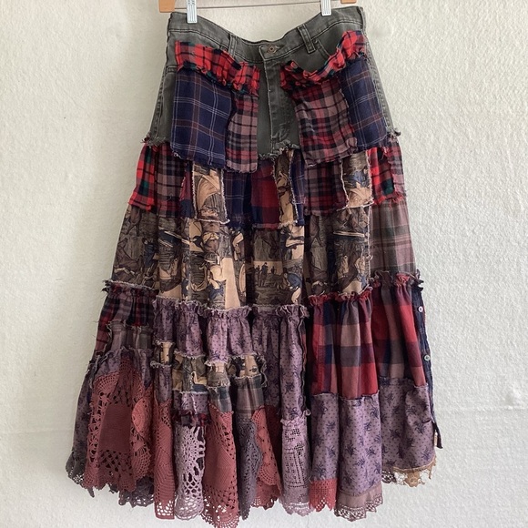 Upcycle Annie tier patchwork flannel antimacassar boho maxi skirt 32” waist 34”L - Picture 16 of 16